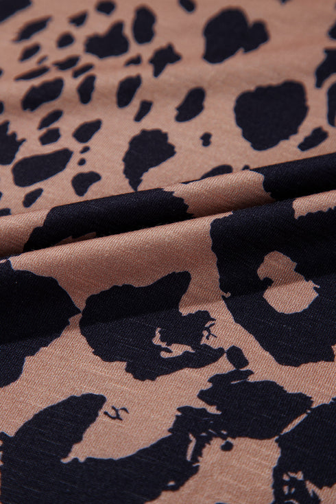 Soft Knit Leopard Print Pocket Detail V Neck Top
