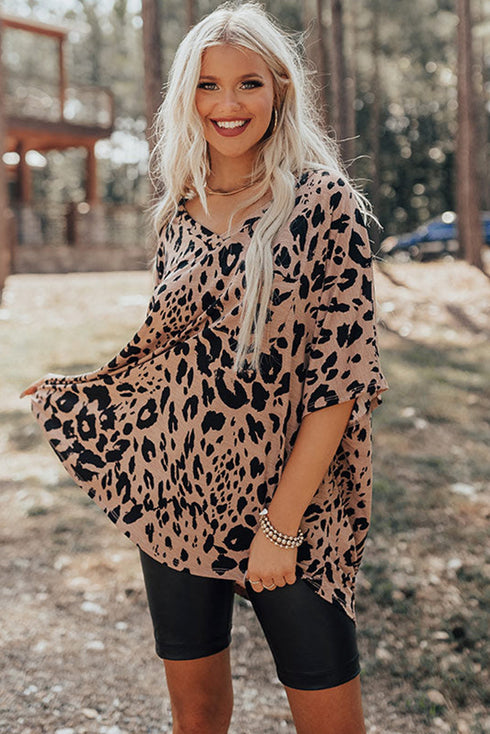 Soft Knit Leopard Print Pocket Detail V Neck Top