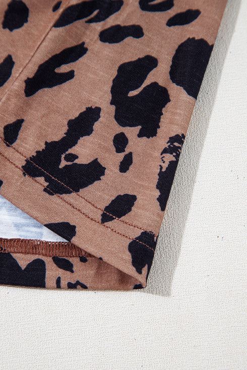 Soft Knit Leopard Print Pocket Detail V Neck Top