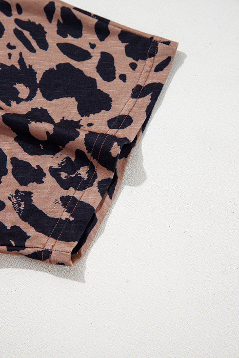 Soft Knit Leopard Print Pocket Detail V Neck Top