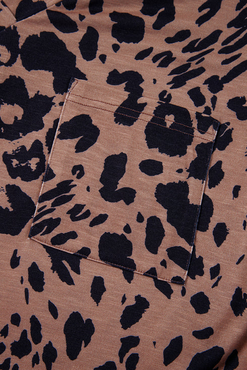 Soft Knit Leopard Print Pocket Detail V Neck Top