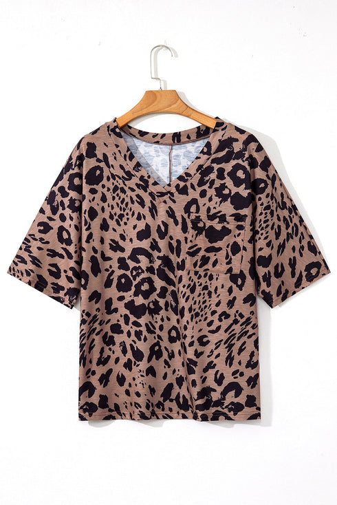 Soft Knit Leopard Print Pocket Detail V Neck Top