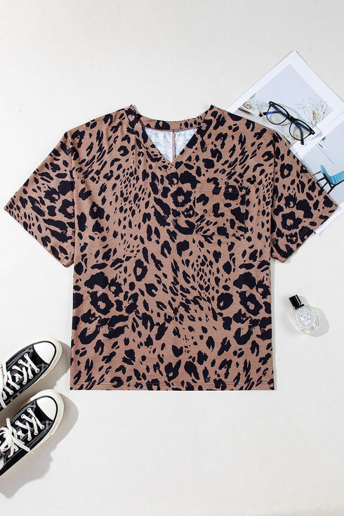 Soft Knit Leopard Print Pocket Detail V Neck Top