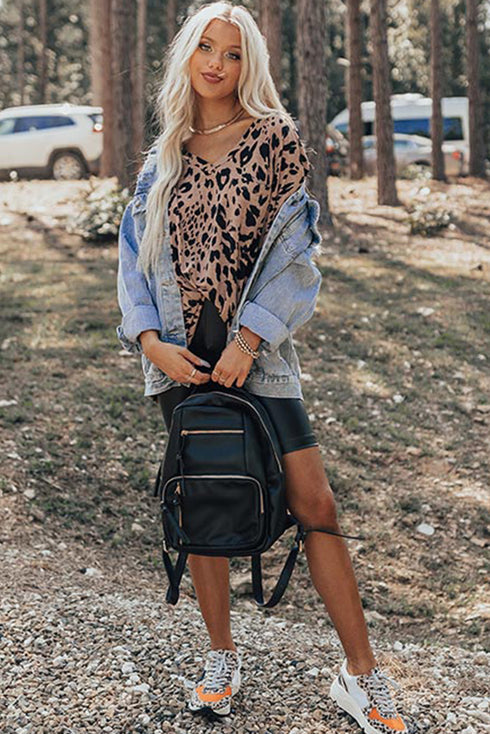 Soft Knit Leopard Print Pocket Detail V Neck Top
