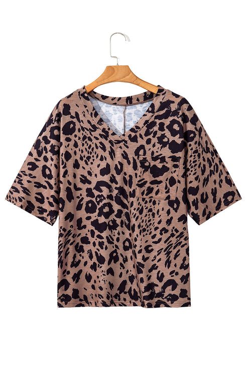 Soft Knit Leopard Print Pocket Detail V Neck Top