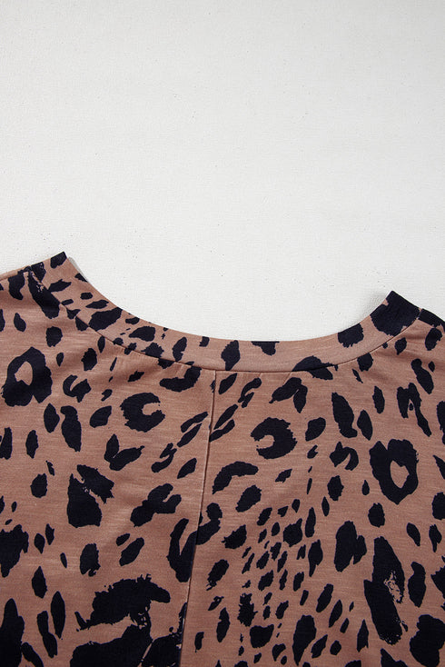 Soft Knit Leopard Print Pocket Detail V Neck Top