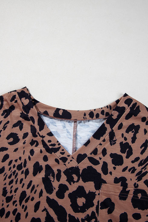 Soft Knit Leopard Print Pocket Detail V Neck Top