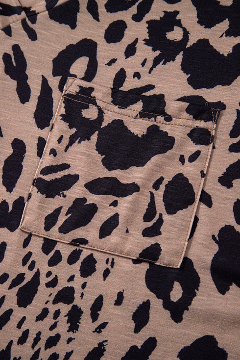 Soft Knit Leopard Print Pocket Detail V Neck Top
