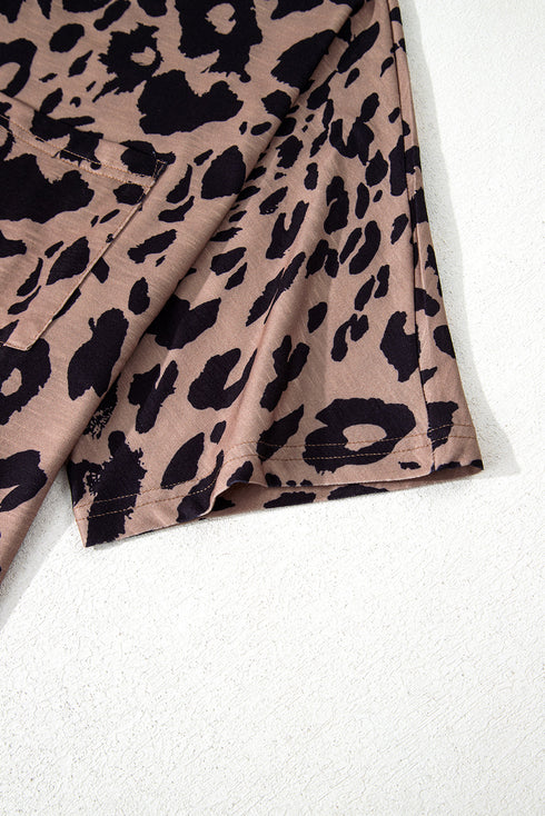 Soft Knit Leopard Print Pocket Detail V Neck Top