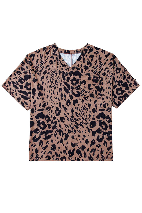 Soft Knit Leopard Print Pocket Detail V Neck Top