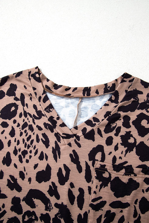 Soft Knit Leopard Print Pocket Detail V Neck Top