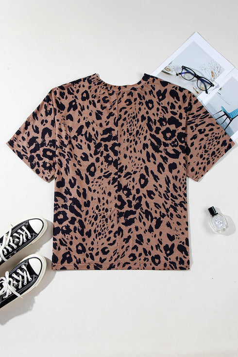 Soft Knit Leopard Print Pocket Detail V Neck Top