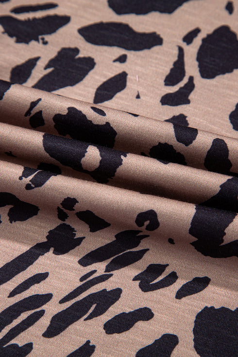 Soft Knit Leopard Print Pocket Detail V Neck Top