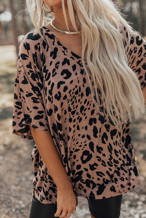 Soft Knit Leopard Print Pocket Detail V Neck Top