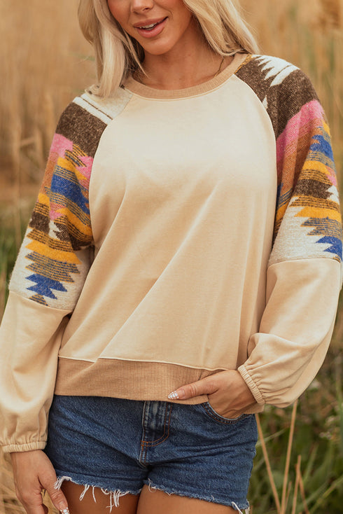 Soft Knit Raglan Sleeve Geometric Print Pullover Sweatshirt