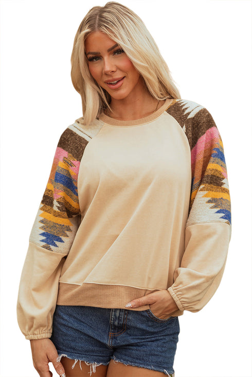 Soft Knit Raglan Sleeve Geometric Print Pullover Sweatshirt