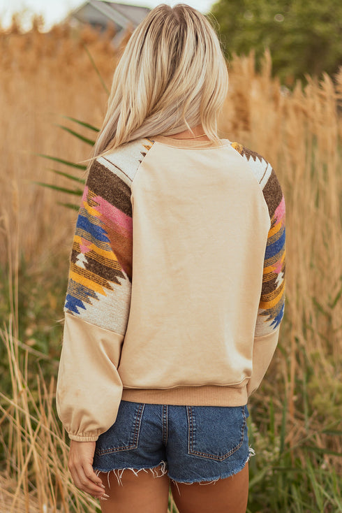 Soft Knit Raglan Sleeve Geometric Print Pullover Sweatshirt