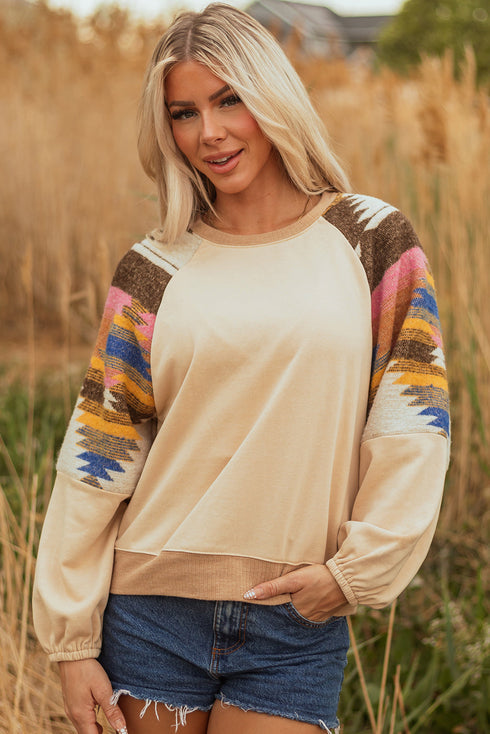 Soft Knit Raglan Sleeve Geometric Print Pullover Sweatshirt