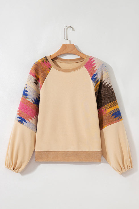 Soft Knit Raglan Sleeve Geometric Print Pullover Sweatshirt