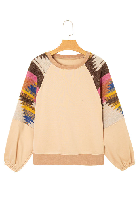Soft Knit Raglan Sleeve Geometric Print Pullover Sweatshirt