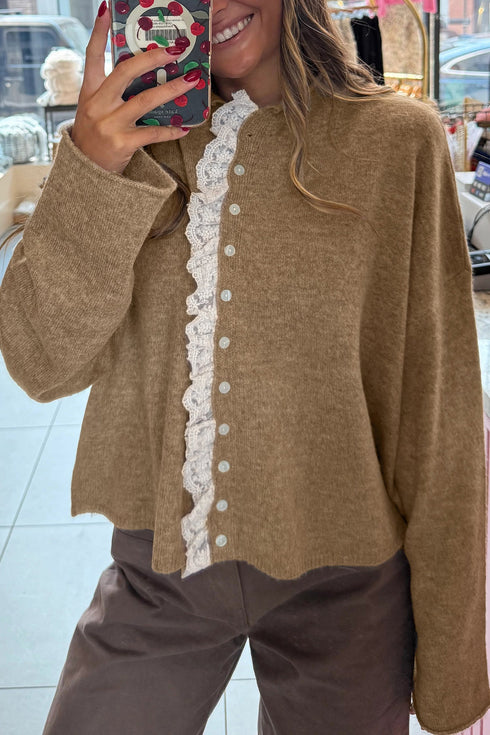 Soft Knit Ruffle Placket Button Down Cardigan