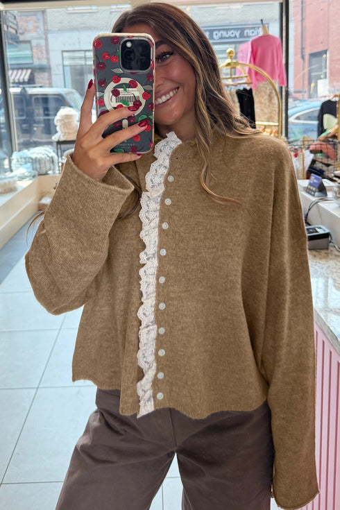 Soft Knit Ruffle Placket Button Down Cardigan
