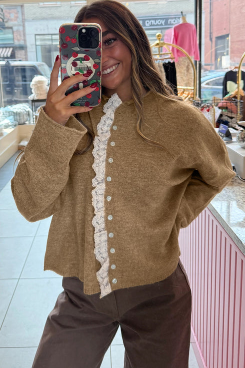 Soft Knit Ruffle Placket Button Down Cardigan