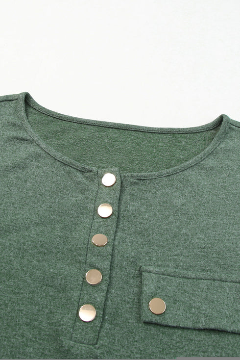 Soft Knit Snap Button Long Sleeve Henley Top