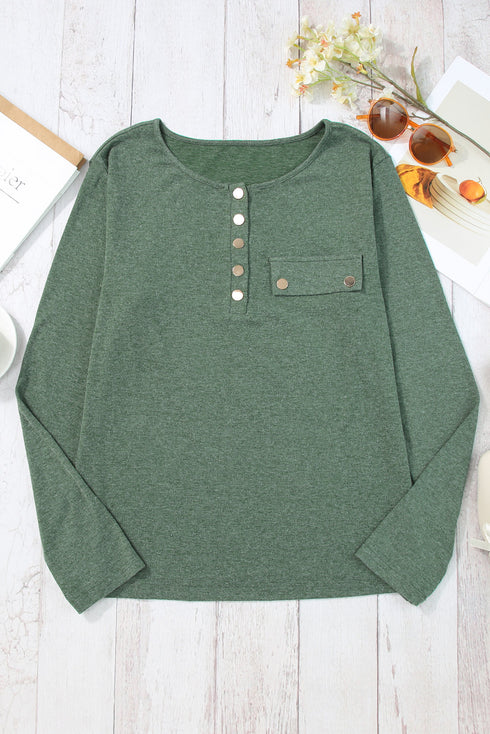 Soft Knit Snap Button Long Sleeve Henley Top