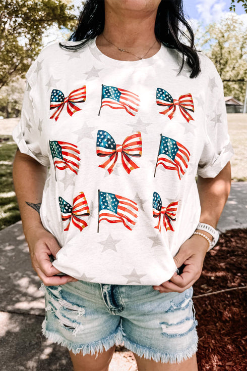 Soft Knit Starry Flag Bow Graphic Short Sleeve Tee