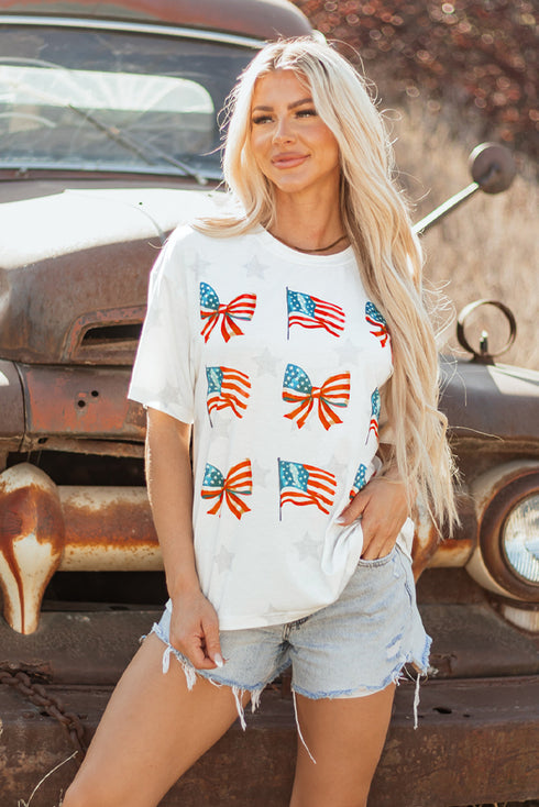 Soft Knit Starry Flag Bow Graphic Short Sleeve Tee
