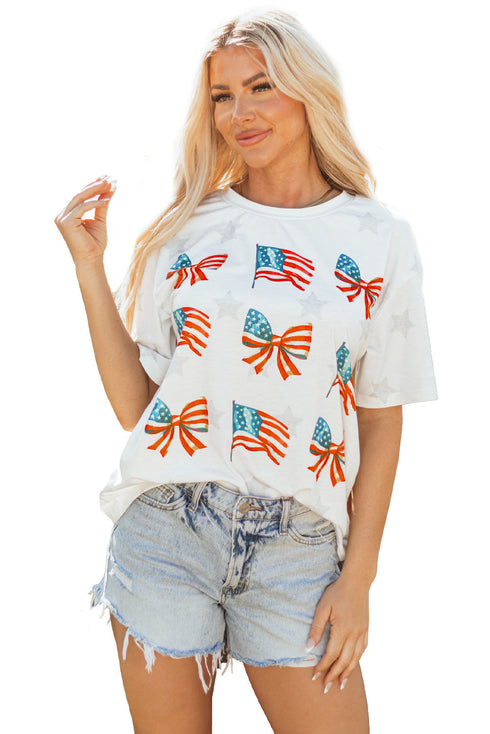 Soft Knit Starry Flag Bow Graphic Short Sleeve Tee