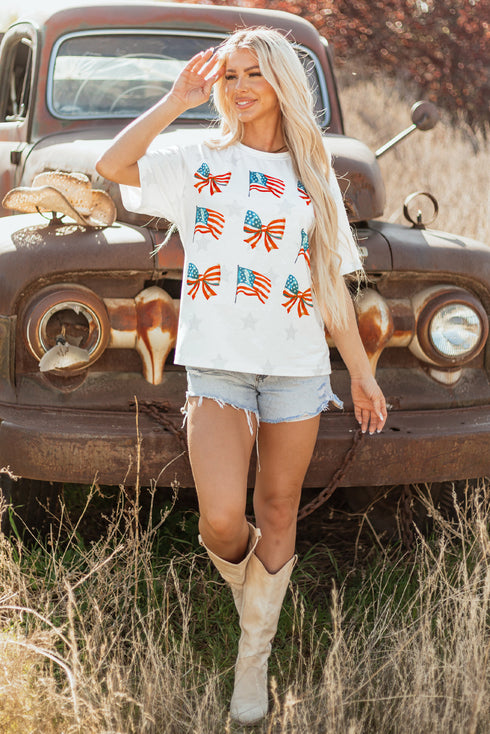 Soft Knit Starry Flag Bow Graphic Short Sleeve Tee