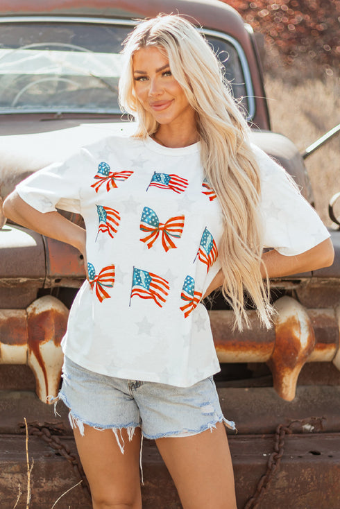 Soft Knit Starry Flag Bow Graphic Short Sleeve Tee