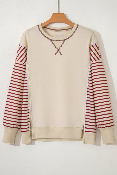 Soft Knit Stripe Sleeve Patchwork Pocket Top