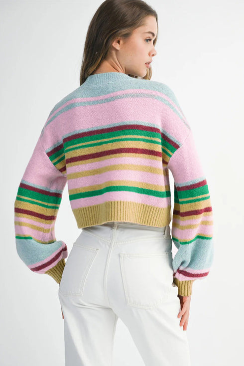 Soft Knit Striped Balloon Sleeve Crew Neck Sweater