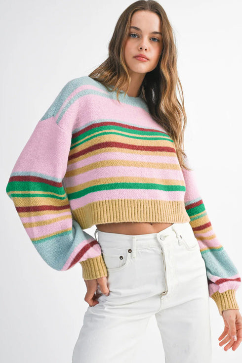 Soft Knit Striped Balloon Sleeve Crew Neck Sweater