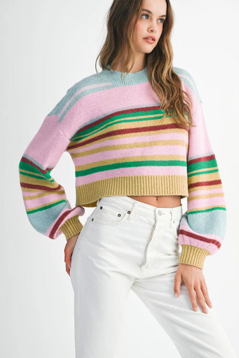 Soft Knit Striped Balloon Sleeve Crew Neck Sweater