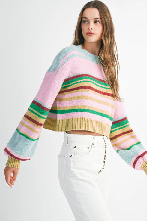 Soft Knit Striped Balloon Sleeve Crew Neck Sweater
