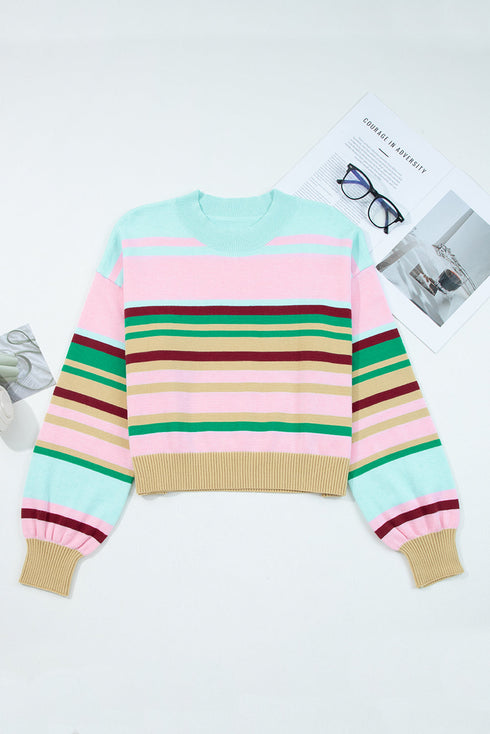 Soft Knit Striped Balloon Sleeve Crew Neck Sweater