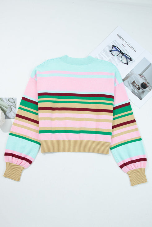 Soft Knit Striped Balloon Sleeve Crew Neck Sweater