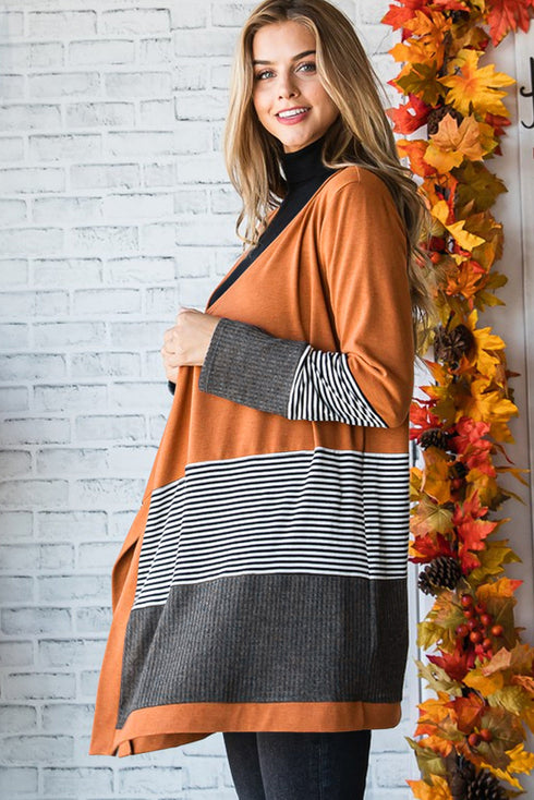 Soft Knit Striped Color Block Open Front Cardigan