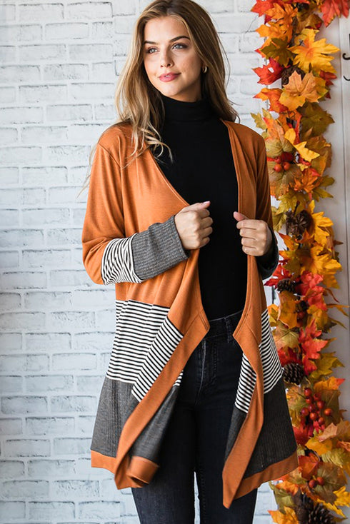 Soft Knit Striped Color Block Open Front Cardigan