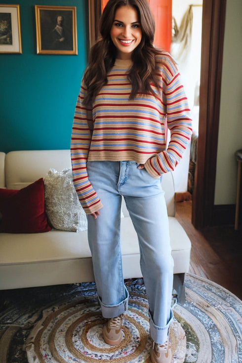 Soft Knit Striped Crew Neck Pullover Sweater