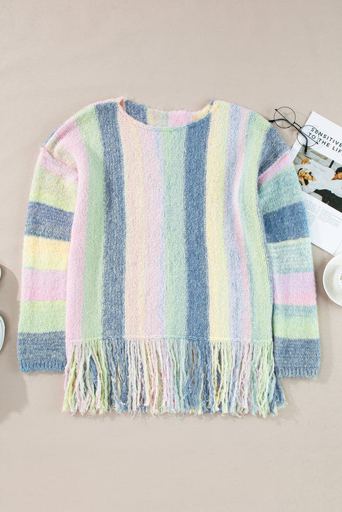 Soft Knit Striped Fringe Hem Pullover Sweater