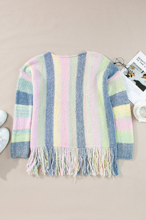 Soft Knit Striped Fringe Hem Pullover Sweater