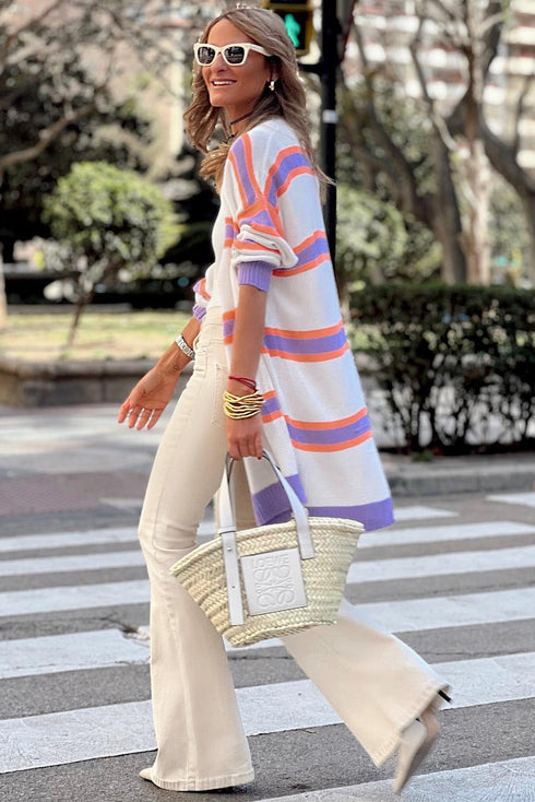 Soft Knit Striped Open Front Longline Cardigan