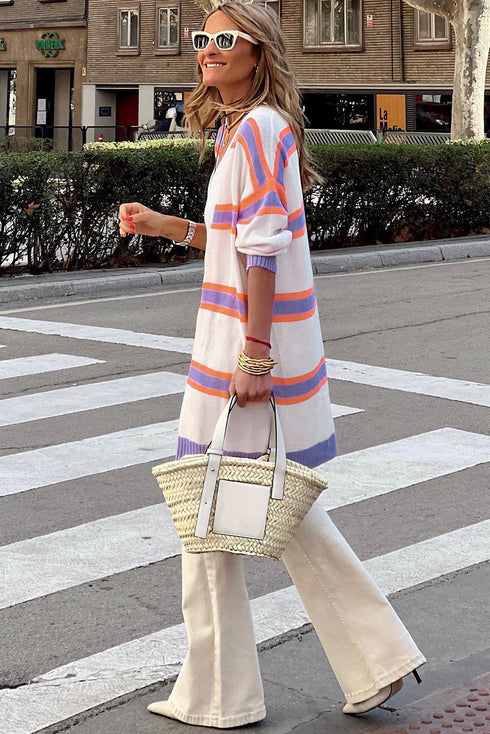 Soft Knit Striped Open Front Longline Cardigan