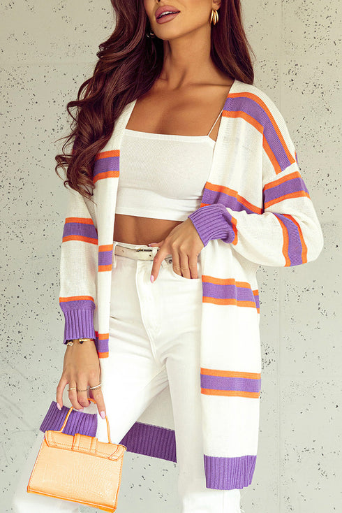 Soft Knit Striped Open Front Longline Cardigan