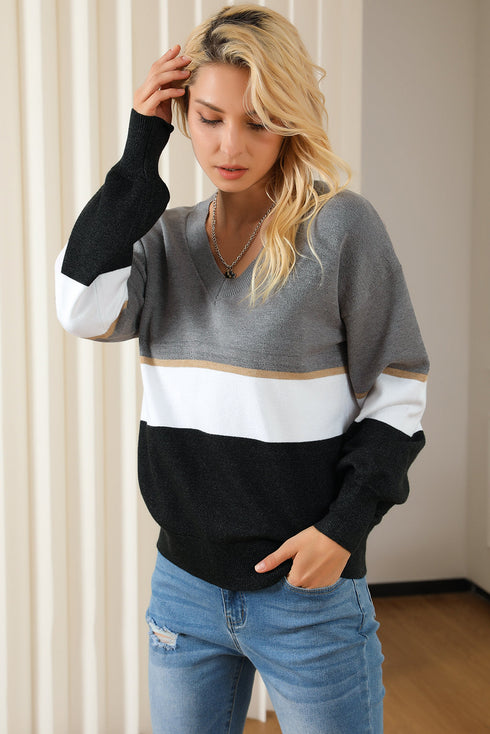 Soft Knit Striped V Neck Pullover Sweater